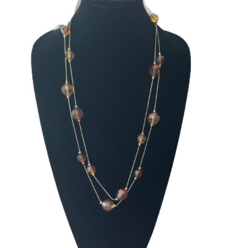 Long Gold Tone Beaded Layering Necklace Amber Brown Station 60” Like New
